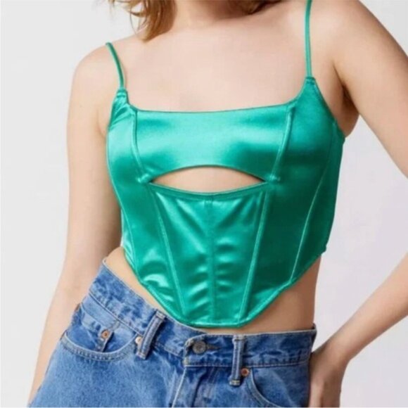 Urban Outfitters | Spitfire Sweettalk Cut Out Corset New Medium Green Satin Sexy - Picture 3 of 8